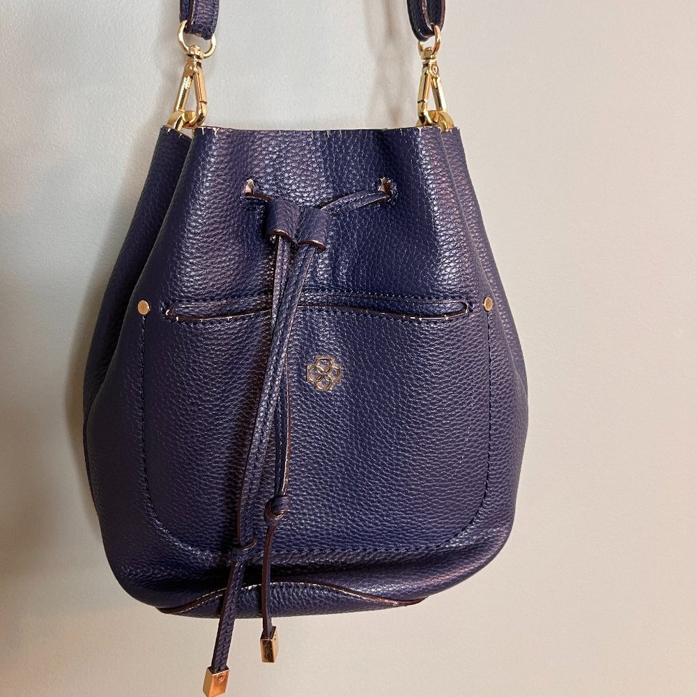 Blue Leather Bucket Bag with gold details Crossbody Ann Taylor